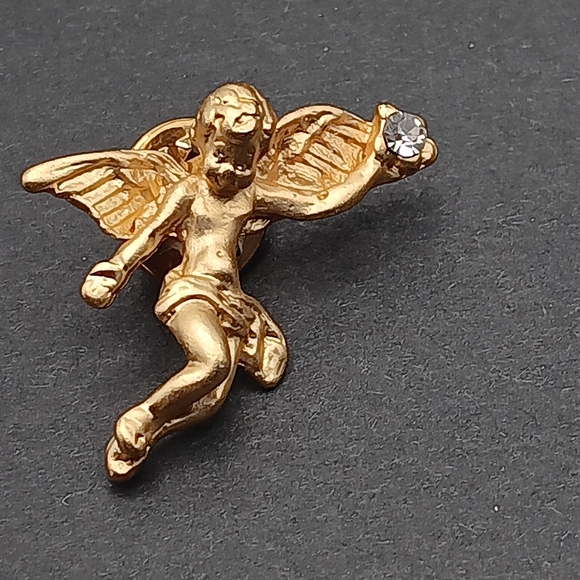 Jewelry - Gold Angel Cherub Pin with Clear Stone Accent - Women Jewelry